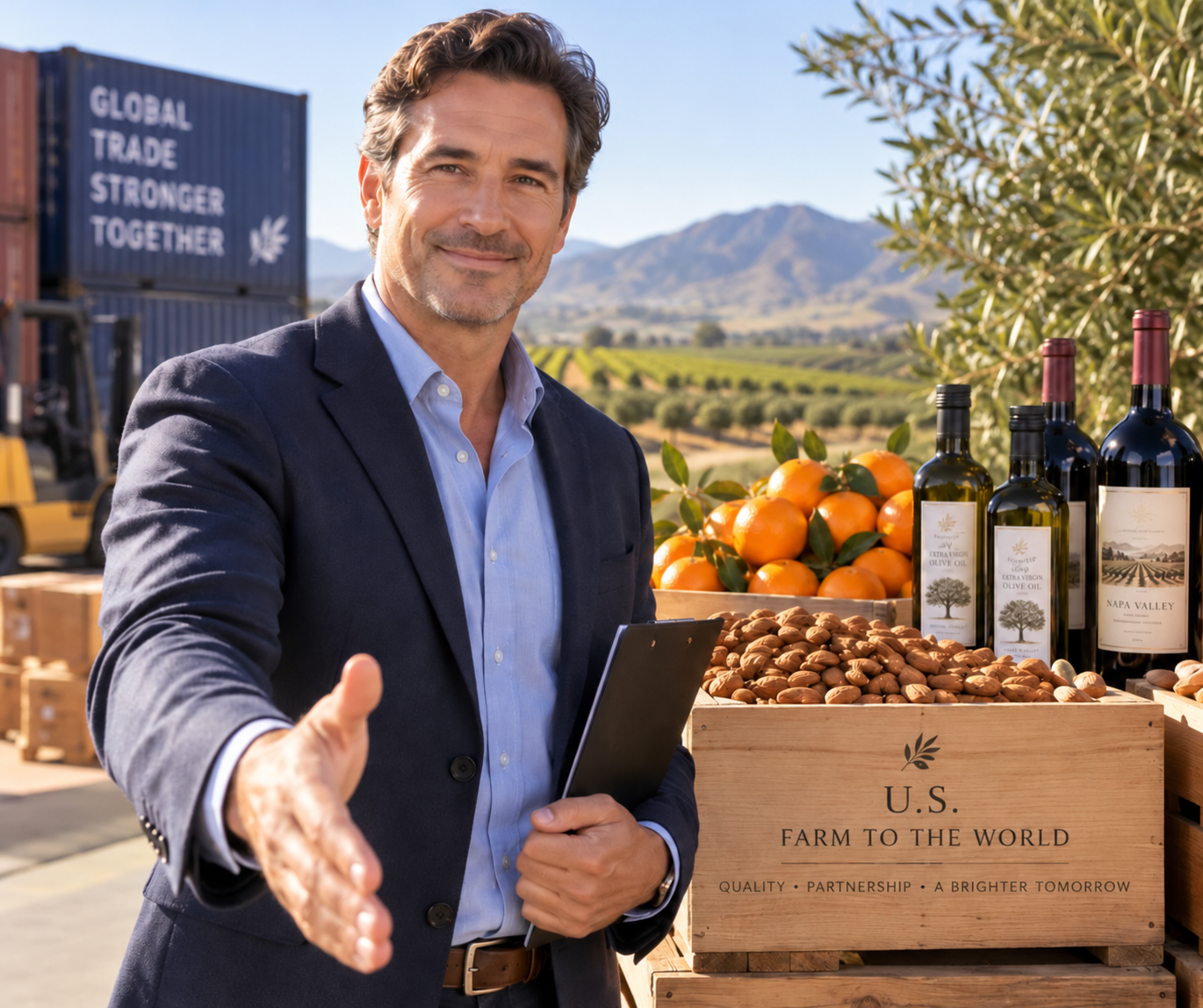 Selected male trade presenter with almonds, oranges, olive oil and wine