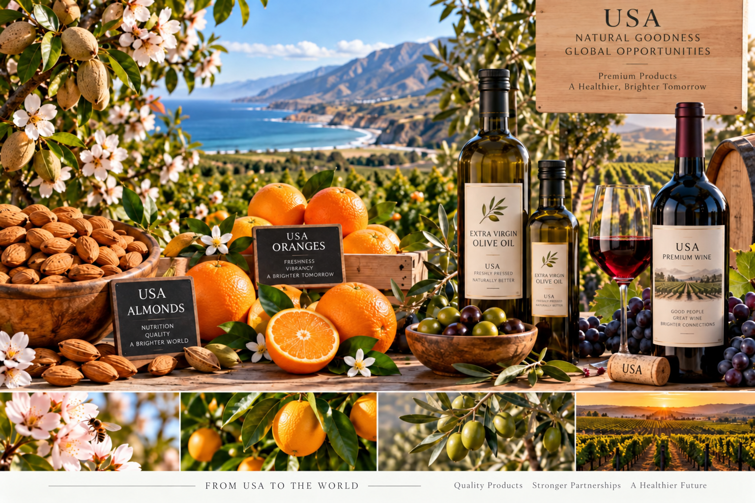 Illustrative almonds, oranges, olive oil and wine — U.S. product focus